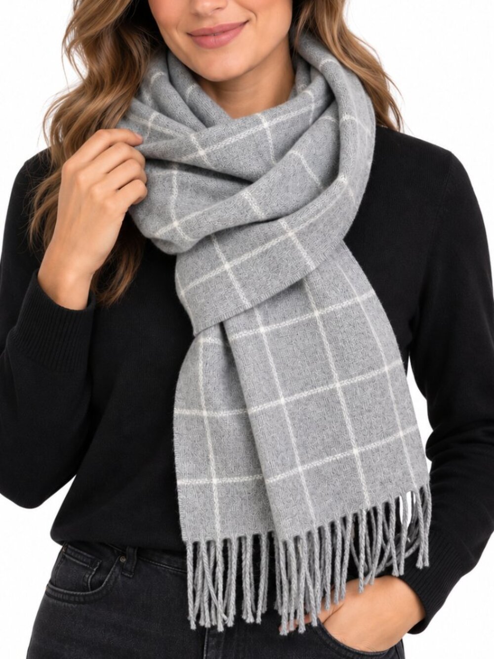 LINEA EMMETI NWT Italian Fine Merino Wool Knit Scarf Wrap Grey Plaid Unisex